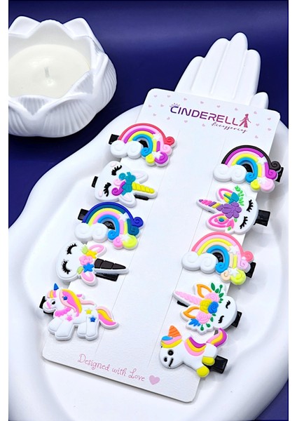 10'lu Çiçek Unicorn Gökkuşağı Detaylı Kız Çocuk Pens Toka Seti - Sevimli Bebek Saç Tokası Klips Toka