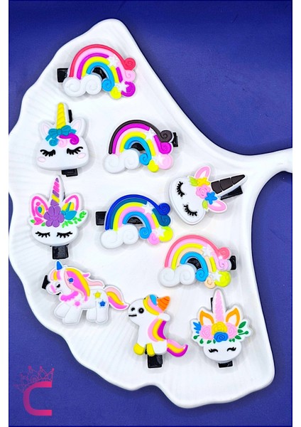 10'lu Çiçek Unicorn Gökkuşağı Detaylı Kız Çocuk Pens Toka Seti - Sevimli Bebek Saç Tokası Klips Toka fiyatları
