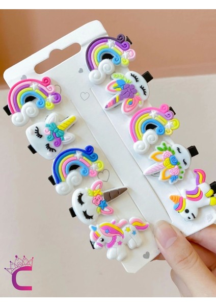 10'lu Çiçek Unicorn Gökkuşağı Detaylı Kız Çocuk Pens Toka Seti - Sevimli Bebek Saç Tokası Klips Toka modelleri