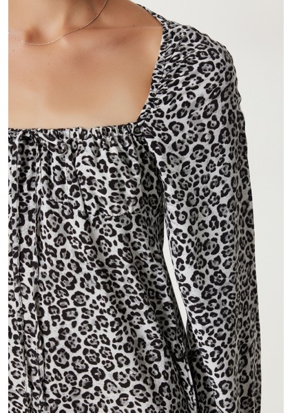 Leopar Desenli Mini Viskon Elbise LUB0180 Gri Siyah modelleri
