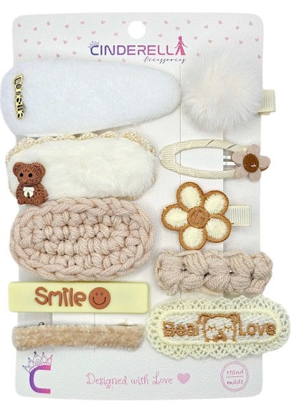 10'lu Smile Love Kız Çocuk Pens Toka Seti Bej Beyaz - Çiçekli Ayıcıklı Peluş Örgü Çıtçıt Saç Tokası