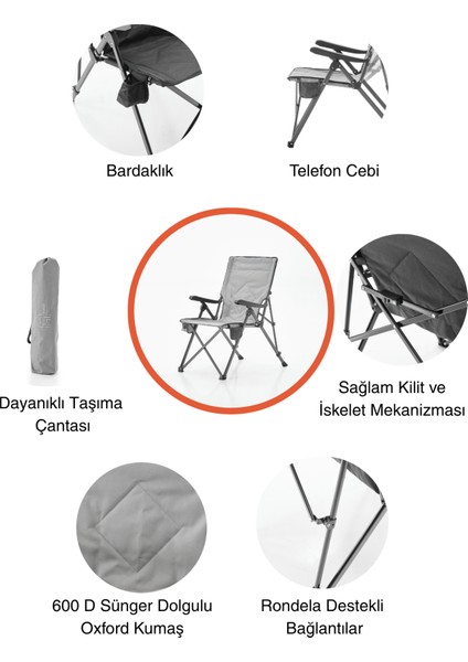3 Kademe Yatabilir Sırtlı, Katlanabilen, Sünger Takviyeli 150 kg Kapasiteli Lüks Kamp Sandalyesi modelleri