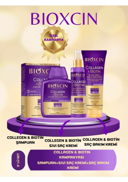 Collagen & Biotin Hacim Şampuanı 300 ml - Saç Kremi 250 ml - Sıvı Saç Kremi 150 ml 3'lü Set