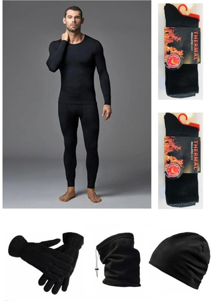Erkek Siyah Termal Alt Üst Takım-Polar Şapka-Eldiven-Boyunluk-2 Çift Termal Çorap Set