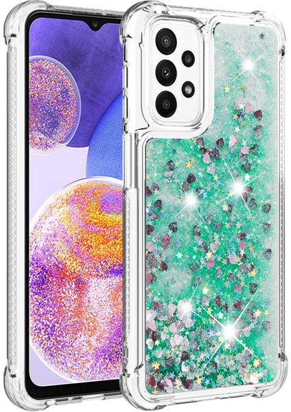 Samsung Galaxy A23 5g (Global Versiyon)/4g Sıvı Yüzen Glitter Pullar Tpu Arka Kapak Anti-Çizelge Telefon Vaka Yeşil/kalpler (Yurt Dışından)