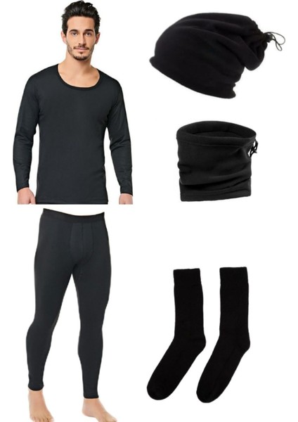Erkek Siyah Termal Içlik Takımı Polar Bere Boyunluk Termal Çorap Seti