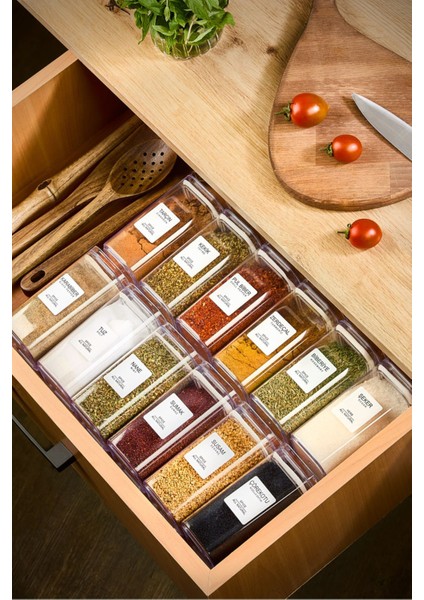 12'li Akrilik Vakumlu Kare Baharatlık Seti, 300 Ml, Sızdırmaz Kapaklı