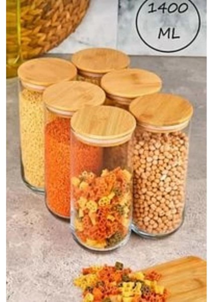 6'lı Bambu Kapaklı Vakumlu Cam Kavanozlar 1400ML Saklama ve Organizer Seti