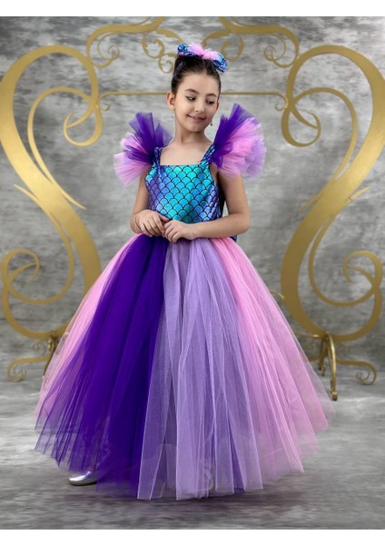 Kız Çocuk Deniz Kızı Party Balo Kostümü Çok Renkli Elbise Taçlı