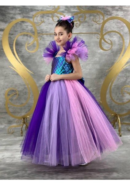 Kız Çocuk Deniz Kızı Party Balo Kostümü Çok Renkli Elbise Taçlı fiyatları