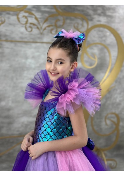 Kız Çocuk Deniz Kızı Party Balo Kostümü Çok Renkli Elbise Taçlı fırsatları