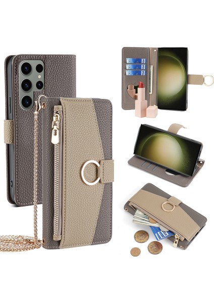 Samsung Galaxy S23 Ultra Kılıf Omuz Askılı Fermuarlı Cep Telefonu Kılıfı-Gri (Yurt Dışından)