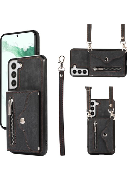 Samsung Galaxy S21+ 5g Kılıf Pu+ Tpu Kart Çantası 2 Askılı Cep Telefonu Kılıfı-Siyah (Yurt Dışından)