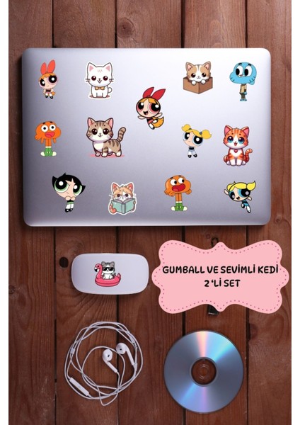 Gumball ve Sevimli Kedi-Cat Temalı Sticker Etiket Seti- Laptop Notebook Telefon 2 Li Set