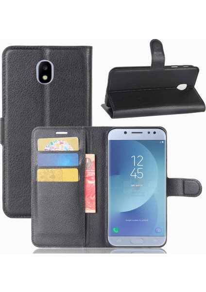Samsung Galaxy Için J3 (2017) Litchi Cilt Cüzdan Deri Koruma Telefon Muhafazası Stand-Black (Yurt Dışından)