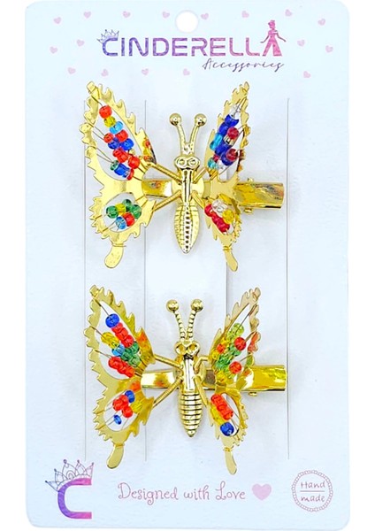 2'li Retro Sallanan Kelebek Toka Renkli Boncuklu Gold Metal - Hareketli Kanatlı Kelebekli Saç Tokası