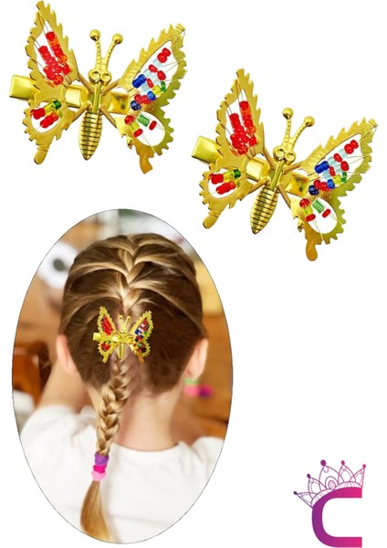 2'li Retro Sallanan Kelebek Toka Renkli Boncuklu Gold Metal - Hareketli Kanatlı Kelebekli Saç Tokası fiyatları