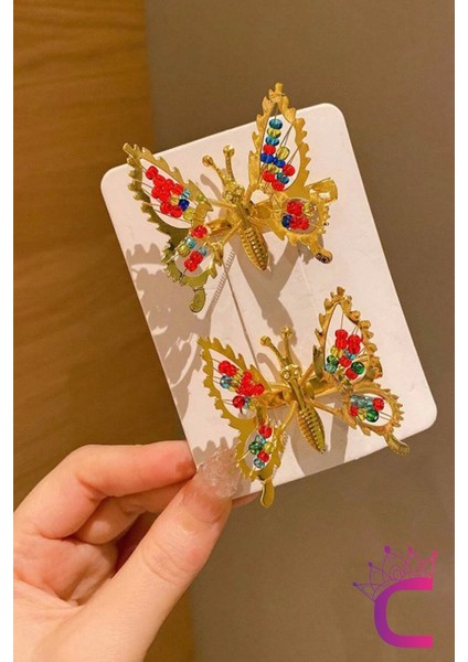 2'li Retro Sallanan Kelebek Toka Renkli Boncuklu Gold Metal - Hareketli Kanatlı Kelebekli Saç Tokası modelleri