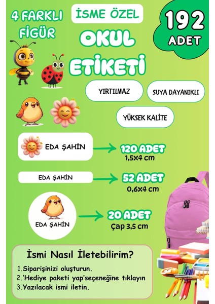 Isme Özel Okul Etiketi Kalem/defter/matara Etiketi Sticker Çiçek,kuş,uğur Böceği,arı Temalı 192 Adet