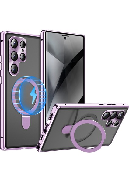 Samsung Galaxy S24 Ultra Kılıf Manyetik Kickstand Gizlilik Temperli Cam + Mat Pc Arka Telefon Kapağı-Mor (Yurt Dışından)
