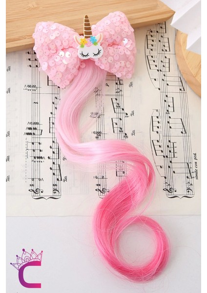 Unicorn Fuşya Pullu Kız Çocuk Saç Postiş Toka - Hediyelik Takma Saç Aksesuar At Kuyruğu Pens Toka