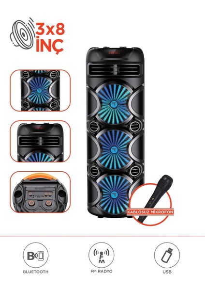 Led Işıklı Mikrofonlu Kumandalı Bluetooth Hoparlör