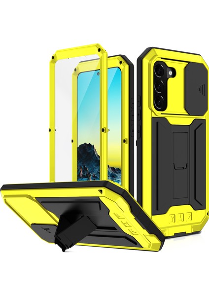 2. Nesil Kickstand Tasarımlı Kayar Kamera Kılıfı Düşmeyi Önleyici Toz Geçirmez Metal+Silikon+Pc Kasası ve Samsung Galaxy S22+5G-SARI Için Dahili Temperli Cam Ekran Koruyucusu (Yurt Dışından)