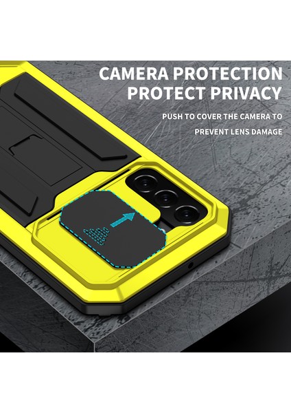 2. Nesil Kickstand Tasarımlı Kayar Kamera Kılıfı Düşmeyi Önleyici Toz Geçirmez Metal+Silikon+Pc Kasası ve Samsung Galaxy S22+5G-SARI Için Dahili Temperli Cam Ekran Koruyucusu (Yurt Dışından) fiyatları