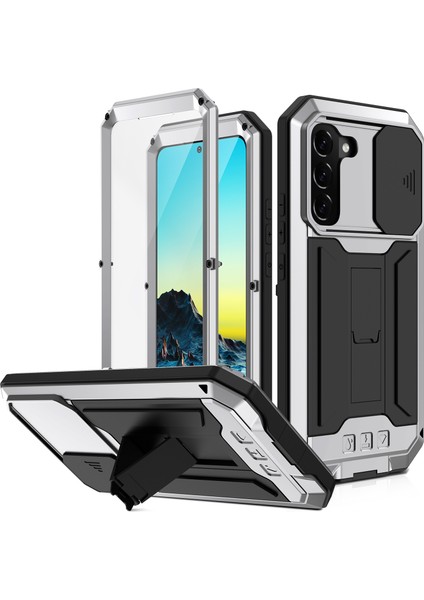 2. Nesil Kickstand Tasarımı Kayar Kamera Kılıfı Düşmeyi Önleyici Toz Geçirmez Metal+Silikon+Pc Kasası ve Samsung Galaxy S22+5G-GÜMÜŞ Için Dahili Temperli Cam Ekran Koruyucusu (Yurt Dışından)