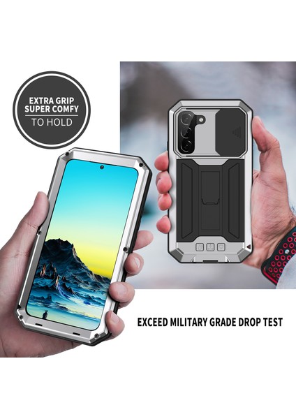 2. Nesil Kickstand Tasarımı Kayar Kamera Kılıfı Düşmeyi Önleyici Toz Geçirmez Metal+Silikon+Pc Kasası ve Samsung Galaxy S22+5G-GÜMÜŞ Için Dahili Temperli Cam Ekran Koruyucusu (Yurt Dışından) fırsatları
