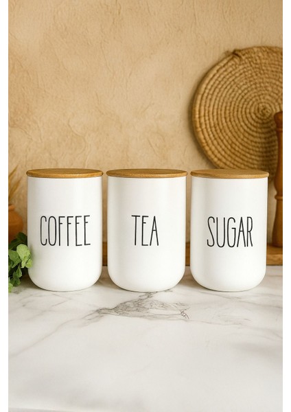 3'lü Vakumlu Bambu Kapaklı Beyaz Kavanoz Seti 1000ML Çay,şeker,kahve