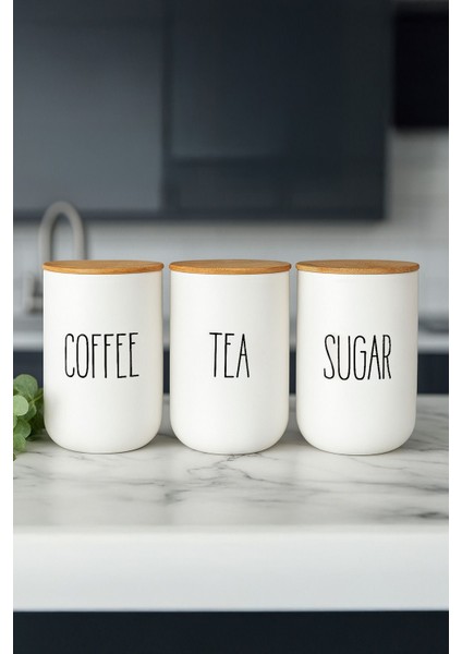 3'lü Vakumlu Bambu Kapaklı Beyaz Kavanoz Seti 1000ML Çay,şeker,kahve modelleri