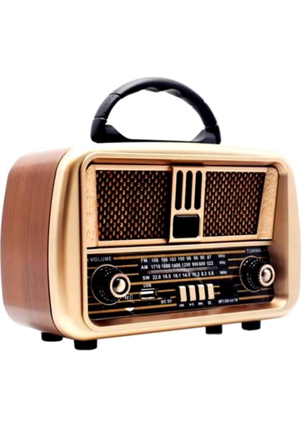Vintage Tasarımlı, Şarjlı, Bluetooth ve Çok Fonksiyonlu Taşınabilir Radyo Kahverengi