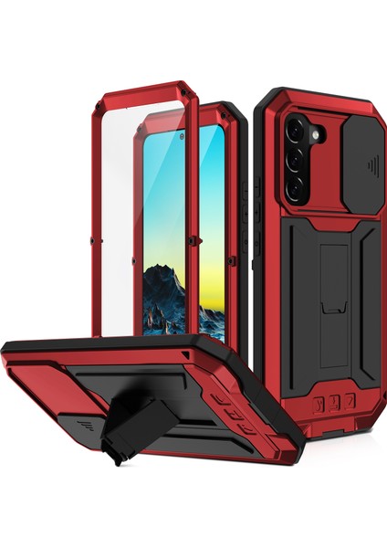 Samsung Galaxy S22+5G-KIRMIZI Için 2. Nesil Kickstand Tasarımlı Kayar Kamera Kılıfı Düşmeyi Önleyici Toz Geçirmez Metal+Silikon+Pc Kasası ve Dahili Temperli Cam Ekran Koruyucusu (Yurt Dışından)