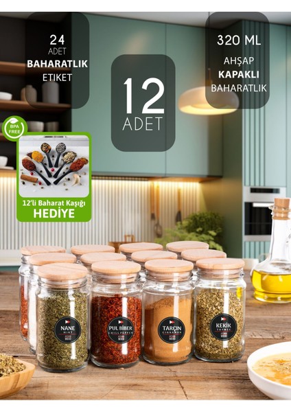 12’li Cam Baharatlık Seti 320 Ml, Ahşap Kapak ve Kaşık ile Şık Saklama Çözümü