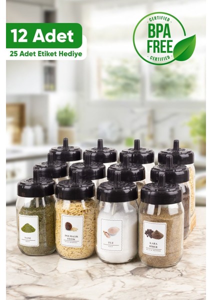 12'li Cam Baharatlık Seti ve 25 Etiket, Şık ve Kullanışlı Mutfak Aksesuarı