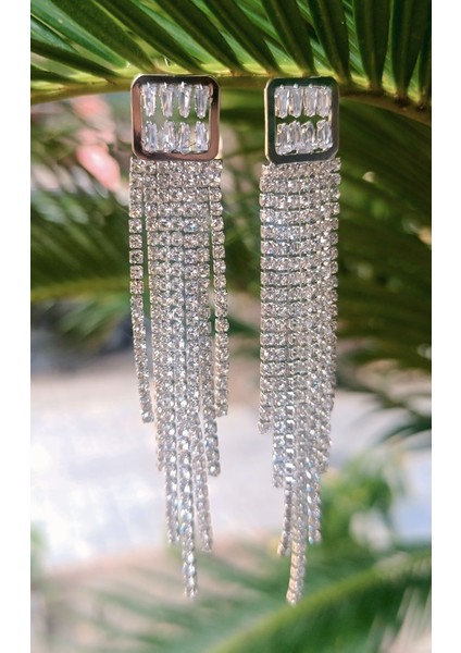 Gümüş Renk Zirkon Taşlı Lüks Abiye Küpe