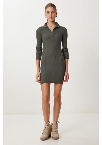 Fermuarlı Esnek Fitilli Örme Elbise LUB0193 Haki