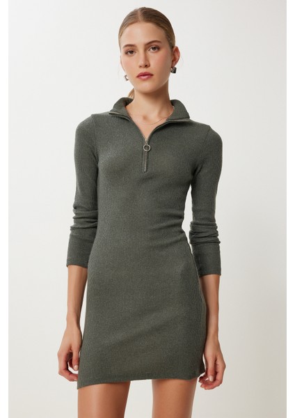 Fermuarlı Esnek Fitilli Örme Elbise LUB0193 Haki fiyatları