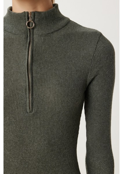 Fermuarlı Esnek Fitilli Örme Elbise LUB0193 Haki modelleri