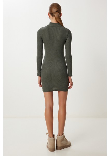 Fermuarlı Esnek Fitilli Örme Elbise LUB0193 Haki fırsatları