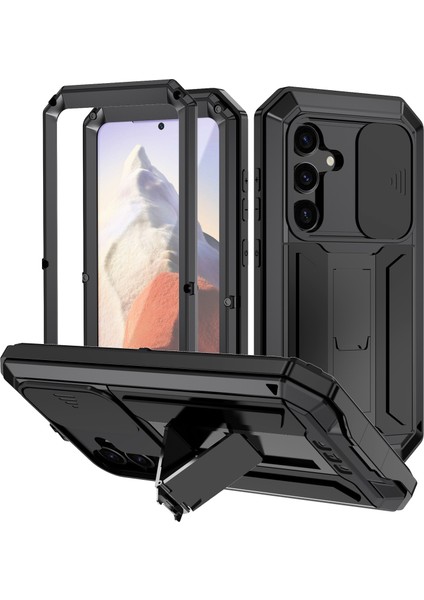 Samsung Galaxy S24 Kılıf Pc+Silikon+Slayt Kamera Kapaklı Metal Arka Kabuk-Siyah (Yurt Dışından)