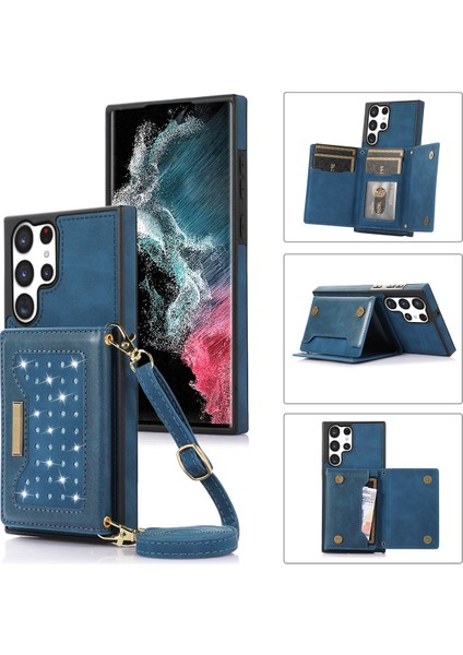 Samsung Galaxy S24 Ultra Kılıf Cüzdan Rfıd Engellemeli Taşlı Telefon Kılıfı-Mavi (Yurt Dışından)