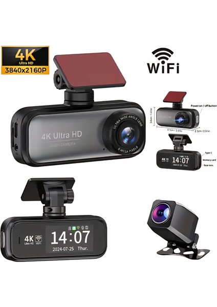 4K UHD Yüksek Kalite Araç Kamerası Çift Yönlü Dash Cam - Wifi Bağlantılı Android ve Ios Uyumlu Kamera