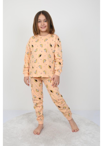 Uzun Kollu %100 Pamuk Kız Çocuk Pijama Takımı Bisiklet Yaka Manşetli 3-8 Yaş