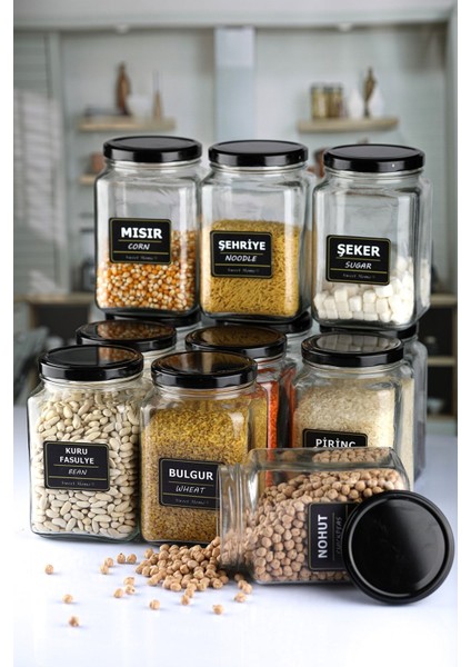 12 Adet 1600 cc Köşeli Cam Kavanoz, Siyah Kapaklı, Baharat ve Bakliyat Için