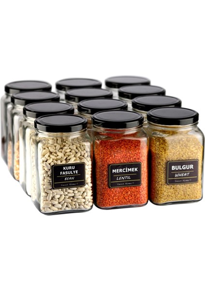 12 Adet 1600 cc Köşeli Cam Kavanoz, Siyah Kapaklı, Baharat ve Bakliyat Için fiyatları