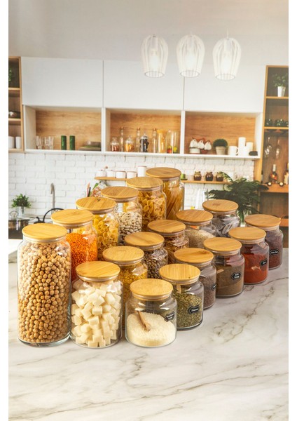 Vakumlu Ahşap Kapaklı 18 Parça Cam Kavanoz Seti 1300-800-500 ml Yeşil