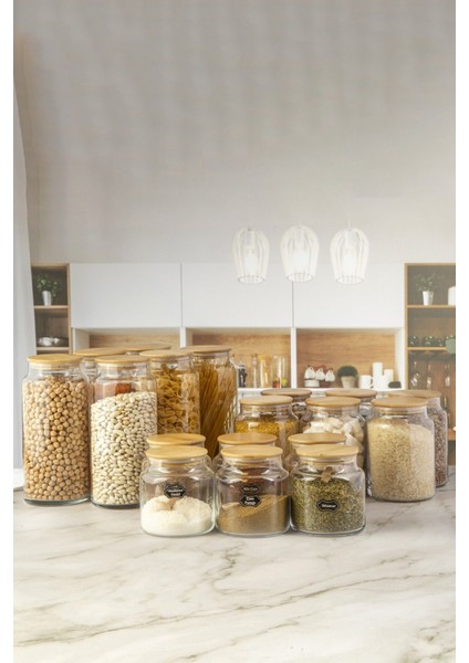 Vakumlu Ahşap Kapaklı 18 Parça Cam Kavanoz Seti 1300-800-500 ml Yeşil modelleri