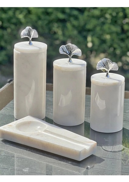 Beyaz Mermer Desenli 3'lü Baharat ve Şekerlik Kavanoz Seti